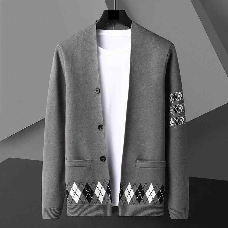 ニット カーディガン メンズ Vネック ロングスリーブ ルーズフィット ジルコニア ジャカード 織り ポリ..