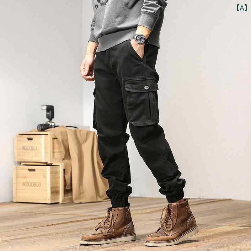 カーゴパンツ メンズ ルーズ 多ポケット 長ズボン 中腰 ドローストリング 裾絞り 春秋 カジュアル コットン 微弾力 ノンアイロン ブラック カーキ ミリタリー