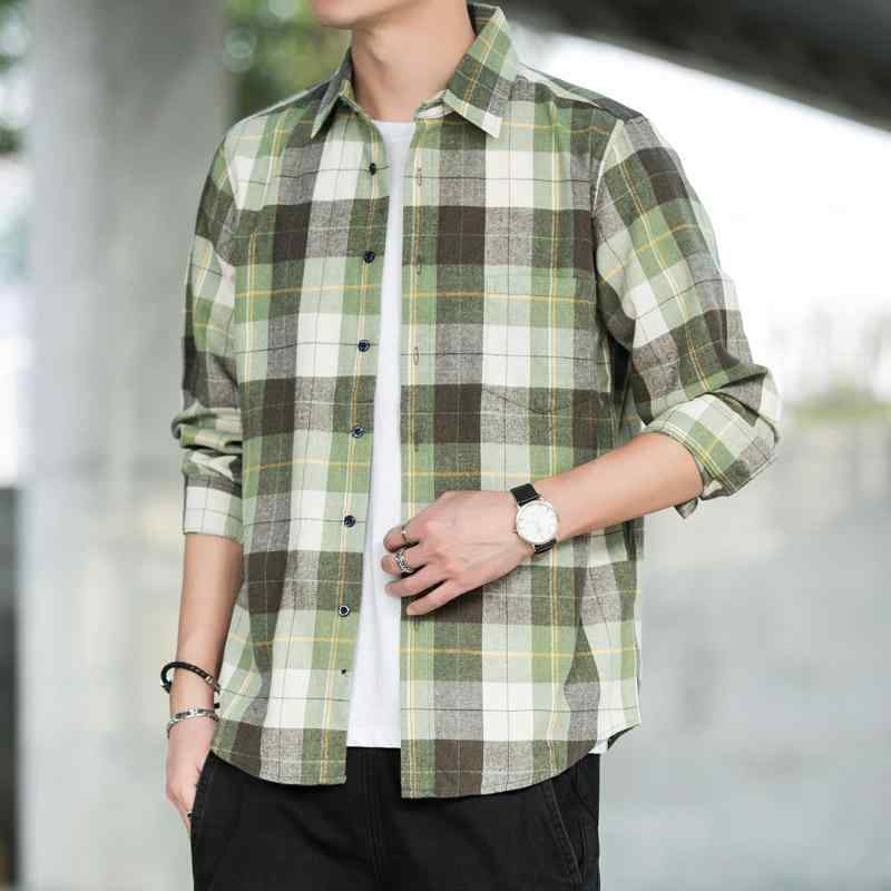 開襟シャツ メンズ 長袖 チェック柄 コントラストカラー スリム コットン混紡 ポリエステル ノンアイロ..