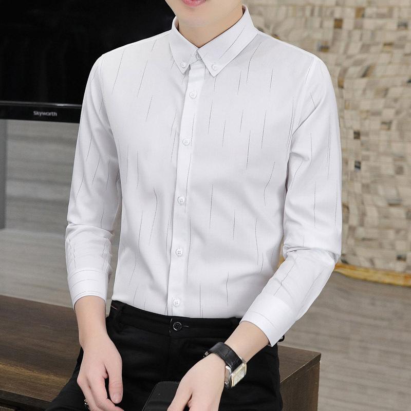 シャツ メンズ 長袖 ストライプ 軽ビジネス ストレッチ 通気性 ポリエステル ノンアイロン スリムフィ..