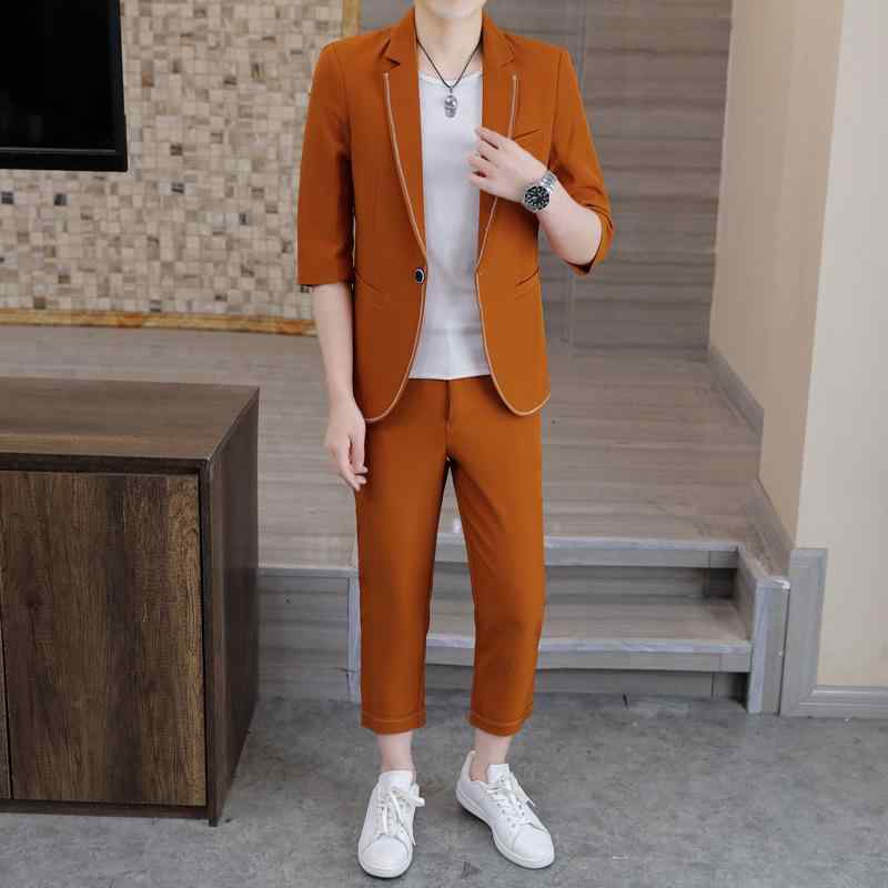 スーツ メンズ 青年 異色襟 ノッチラペル シングルブレスト スリムフィット 3/4袖 薄手 夏 再生繊維 セ..