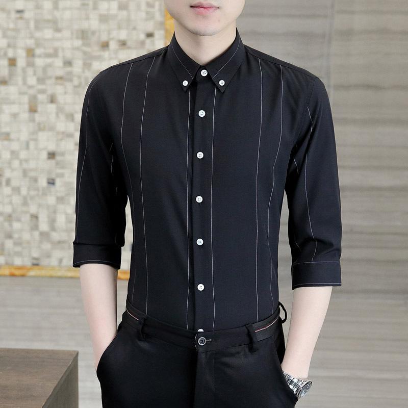 開襟シャツ メンズ 青年 韓国 スリムフィット 爽やか ストライプ柄 七分袖 おしゃれ カジュアル 普段使..