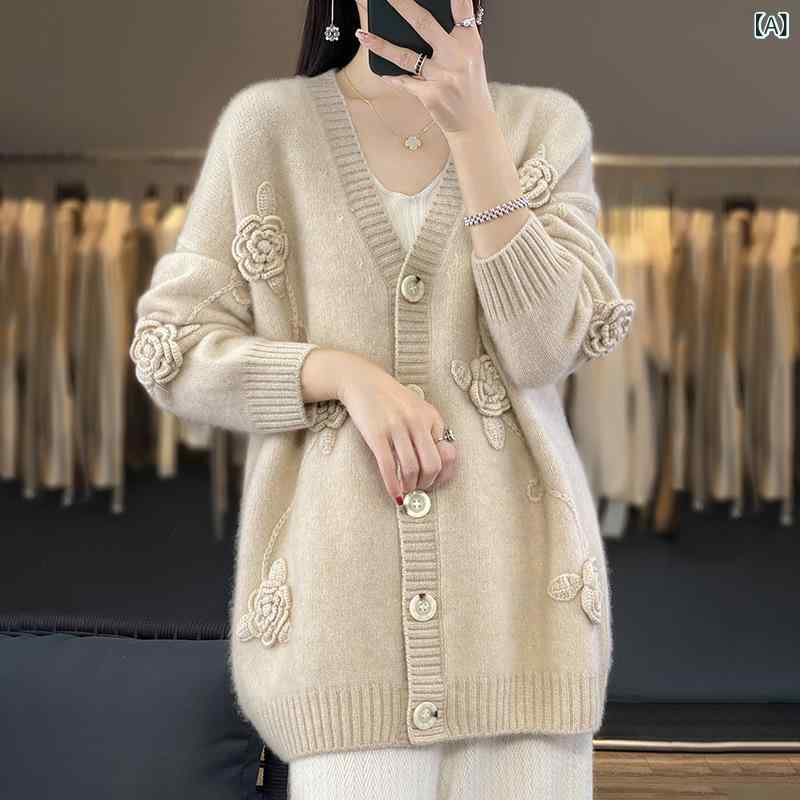 カーディガン レディース Vネック 立体花柄 落肩袖 長袖 シングルブレスト 多ボタン ウール ニット 厚..