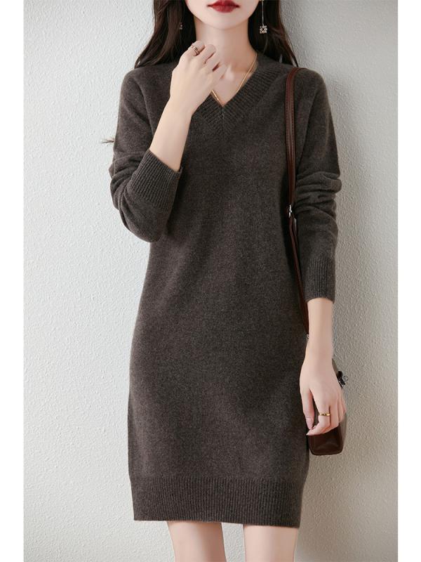 ワンピース レディース 秋冬 ニット Vネック 長袖 ルーズ ミドルレングス ウール ソリッドカラー 通勤 ..
