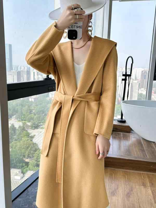 Long-Sleeved Knit - コート レディース 秋冬 ウール ロング丈 フード ベルト 厚手 通勤 優雅 純色 キャラメル キャメル ブラック ポケット 長袖 ストレート