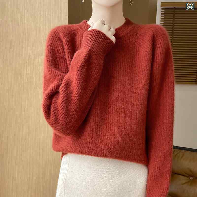 ニットセーター レディース 秋冬 長袖 クルーネック ゆったり 厚手 暖か ウール 無地 通勤 エレガント 快適 カジュアル 普段使い インナー トップス 黒 オリーブグリーン 紫