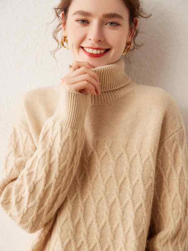 Long-Sleeved Knit - ニットセーター レディース ハイネック ケーブル編み ルーズ 長袖 厚手 プルオーバー 無地 通勤 エレガント ゆったり 冬 青 チャコール 白