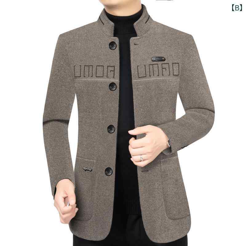 コート メンズ 冬 ウール ウール混 カジュアル 厚手 無地 スタンドカラー シングルブレスト リブ裾 パッチポケット ストレートヘム 茶 黒 グレー