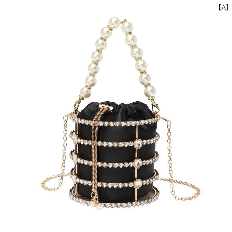 バッグ レディース メタル 透かし ジルコニア 装飾 バケットバッグ パール チェーン ショルダー ハンドバッグ 筒型 硬め ビーズ ドローストリング 開閉 フレッシュ スイート スタイル 普段使い イブニング パーティー 黒 赤 金 春夏