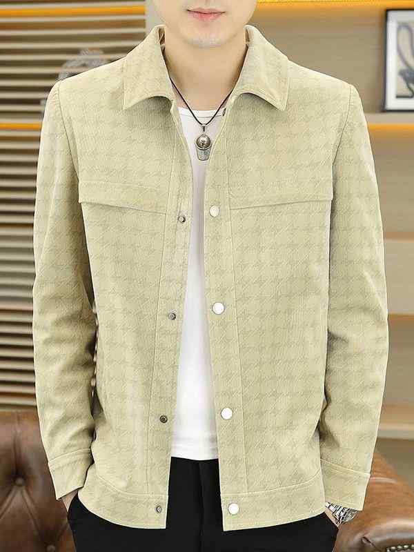 ジャケット メンズ チェック柄 プリント ラペル ロングスリーブ シングルブレスト アウター 秋 カジュアル 韓国 スリムフィット 通気性 ポリエステル 合成繊維 ノーアイロン ストレートヘム サイドポケット グレー 黒 カーキ