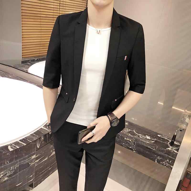 スーツ メンズ 中袖 修身 セット 七分パンツ 軽ビジネス カジュアル 春秋 再生繊維 スリムフィット 平領 ポケット 黒 灰 ライトブルー