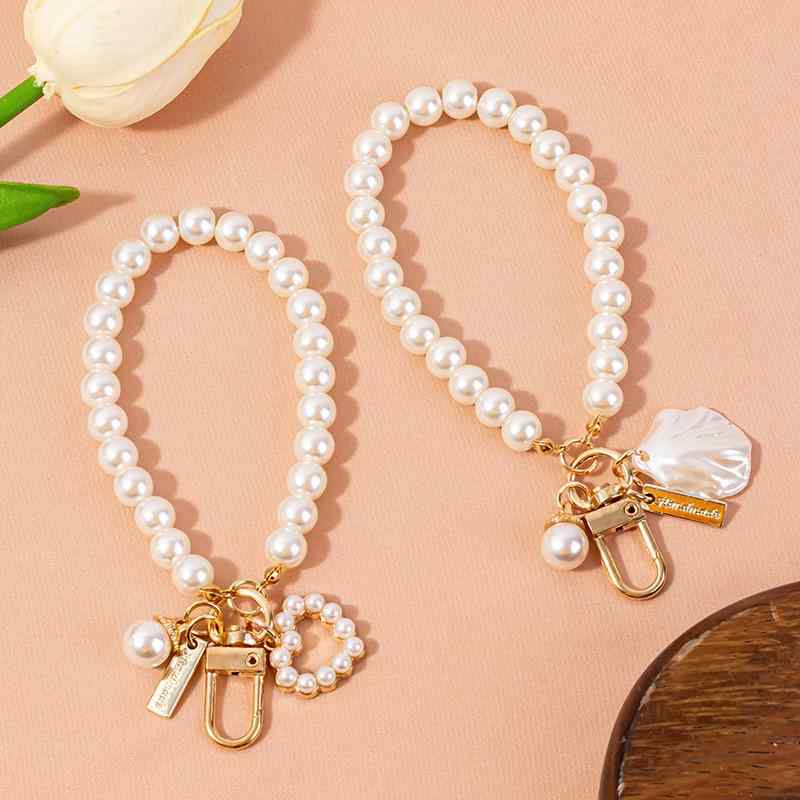 キーホルダー メンズ レディース ハート パール 貝殻 金属 チェーン 掛け アクセサリー バッグ スマホ ..