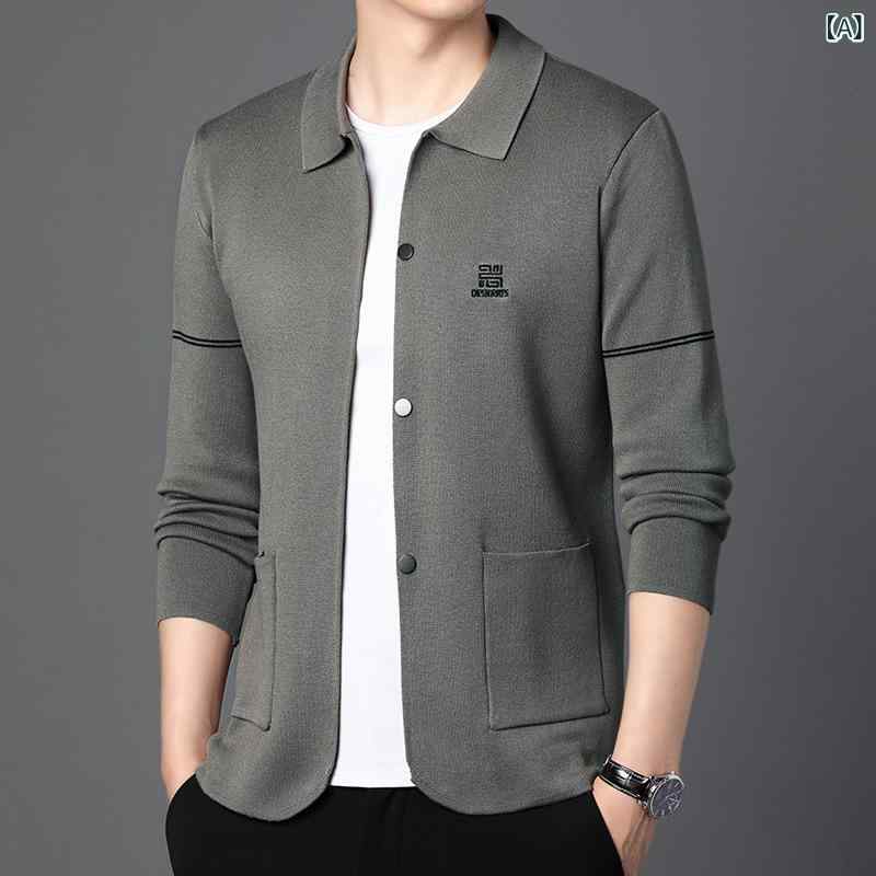 カーディガン メンズ 開襟 長袖 ニット 春秋 ノンアイロン 肌触り良い ゆったり 普段使い 化学繊維混紡 プリント柄 グレー 黒 カーキ