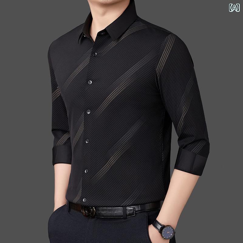 シャツ メンズ 50代 大人 ダディスタイル ゆったり 長袖 ノーアイロン 襟 無地 カジュアル 伸縮性 肌触り良い 毛玉耐性 合成繊維 普段使い ビジネスカジュアル 春秋 黒 グリーン ネイビー