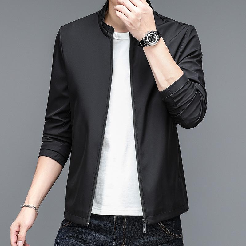 ジャケット メンズ 50代 大人 春秋 スタンドカラー 長袖 アウター 軽ビジネス ファッション カジュアル 無地 スリムフィット ジッパー 標準厚 マルチポケット ストレートヘム ノーアイロン レギュラー長 パッチポケット 普段使い アセテート ポリエステル