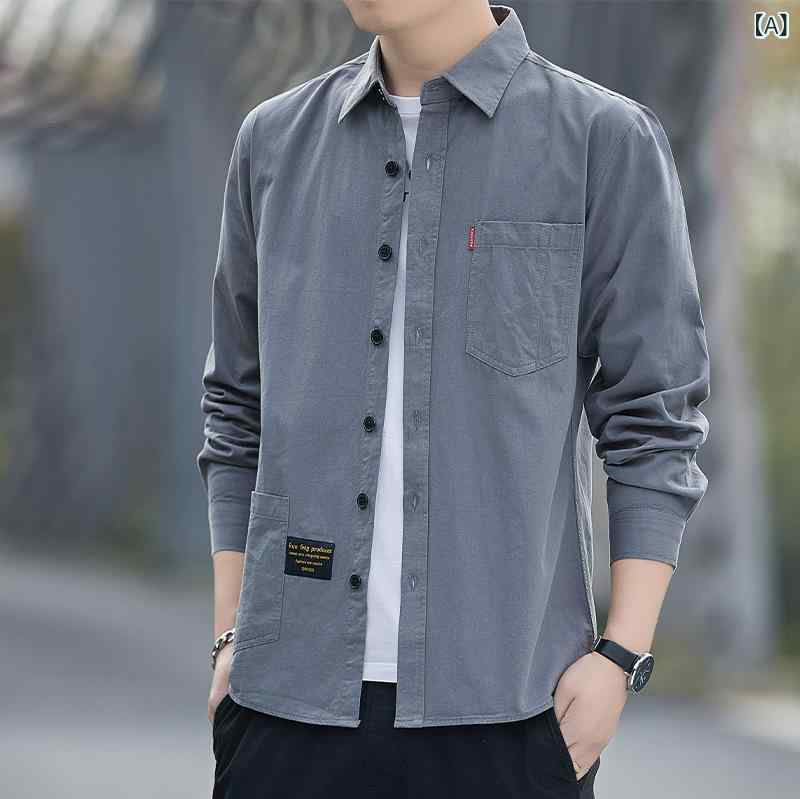 シャツ メンズ 長袖 綿 免アイロン 襟 ゆったり 無地 ビジネス カジュアル 普段使い ストレッチ 肌触り良い ピーリングなし グレー 黒 カーキ 春秋