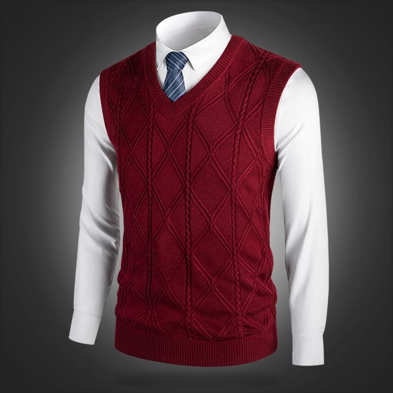 ニット ベスト メンズ Vネック ノースリーブ 厚手 ウール混 配色 カジュアル スタイル プルオーバー ブリティッシュ チェック 迷彩 秋 グレー レッド ネイビー 普段使い イージーケア スリム フィット