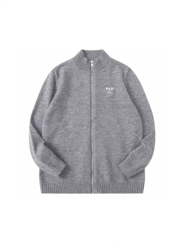 ニット カーディガン メンズ レディース ゆったり 長袖 スタンドカラー ジッパー 刺繍 アルファベットロゴ バッジ ストリート カジュアル 通気性 ウール ラ...