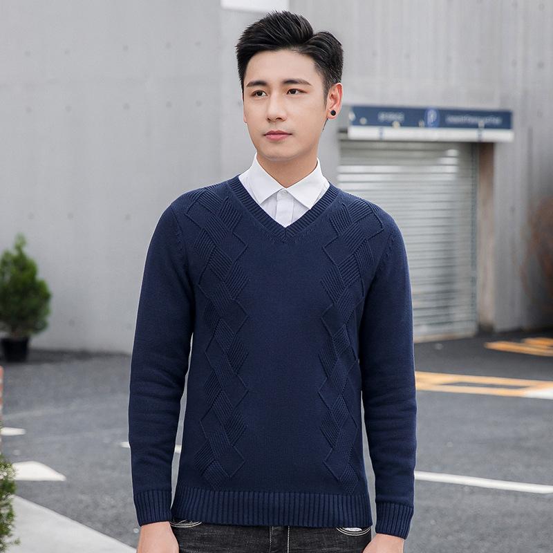ニットセーター メンズ 秋冬 Vネック 長袖 プルオーバー スリムフィット コットン 通気性 ジャカード 無地 韓国スタイル ファッション 普段使い 黒 ロイヤルブルー ライトグレー