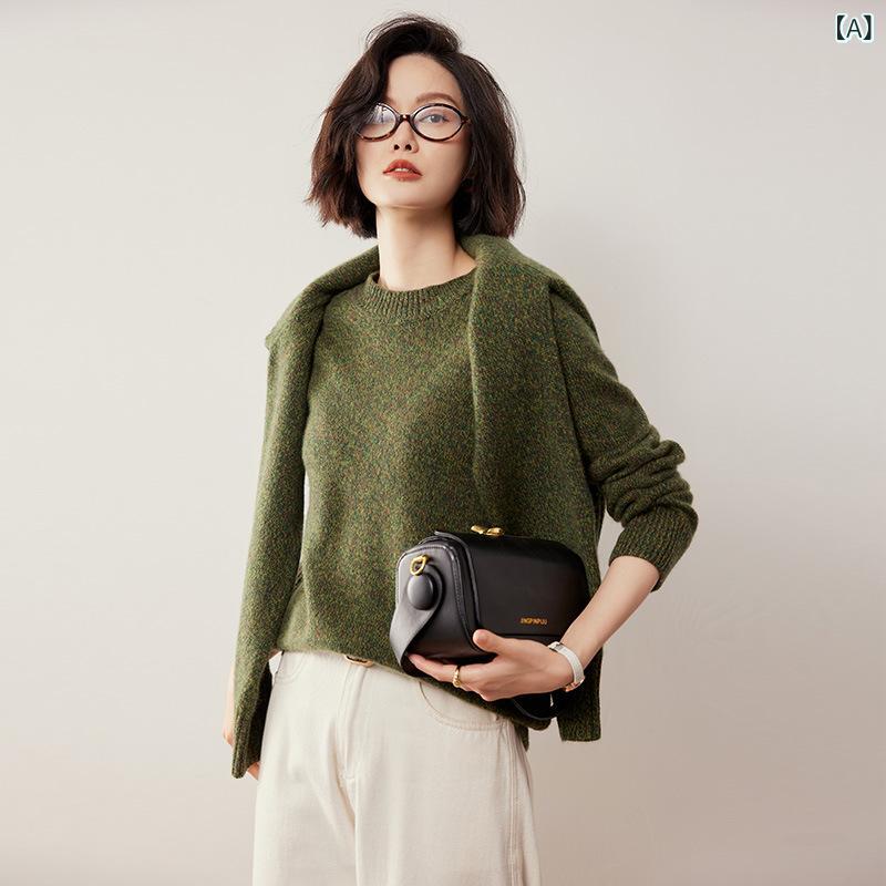 セーター レディース 丸首 長袖 プルオーバー ルーズ 中厚 ウール 混紡 秋冬 シンプル 無地 リブ 切り..