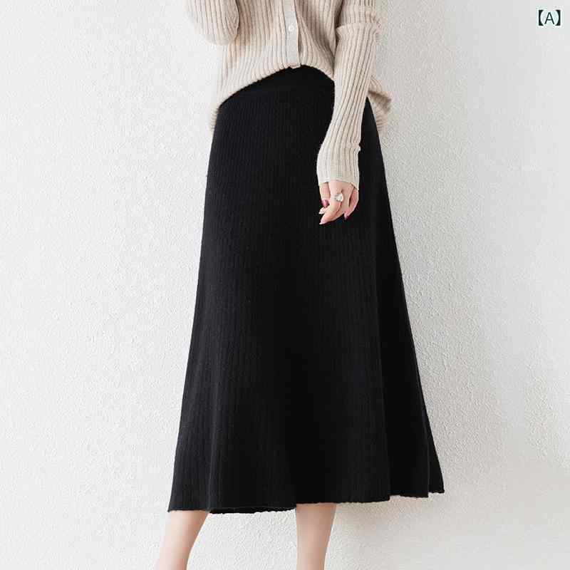 スカート レディース ウール ハイウエスト Aライン ミドル丈 プリーツ 秋冬 黒 ベージュ グレー シンプ..