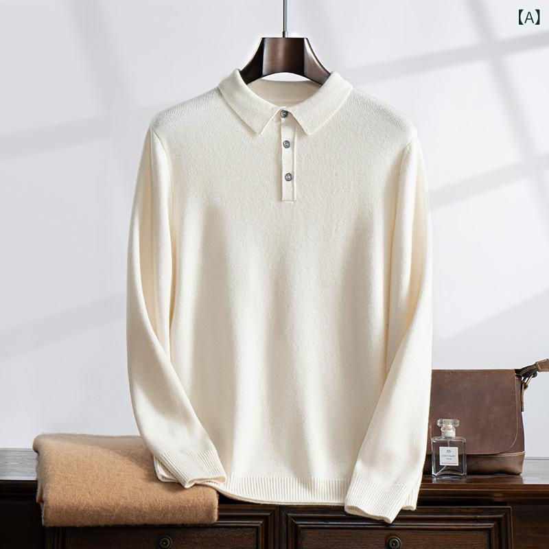 セーター メンズ プルオーバー シャツカラー 長袖 ゆったりシルエット 厚手 シンプル 無地 大きいサイズ 秋冬 カジュアル ビジネス 通勤 普段使い 白 キャメル グレー(4)
