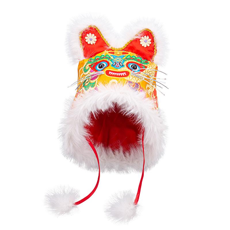 耳当て帽子 親子 赤 冬 かわいい 手刺繍 虎頭帽 醒獅 獣柄 吉祥柄 キリン柄 保温 防風 円錐形 つばなし..