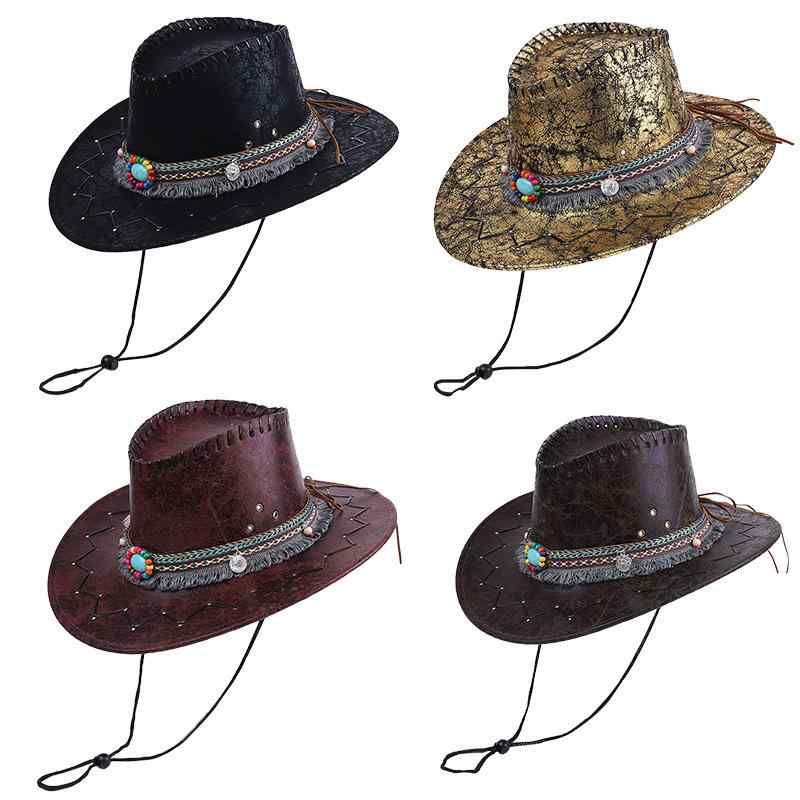 カウボーイハット メンズ レディース レトロ 民族風 ウエスタン 大つば 鐘形 チェーン 装飾 パテントレ..