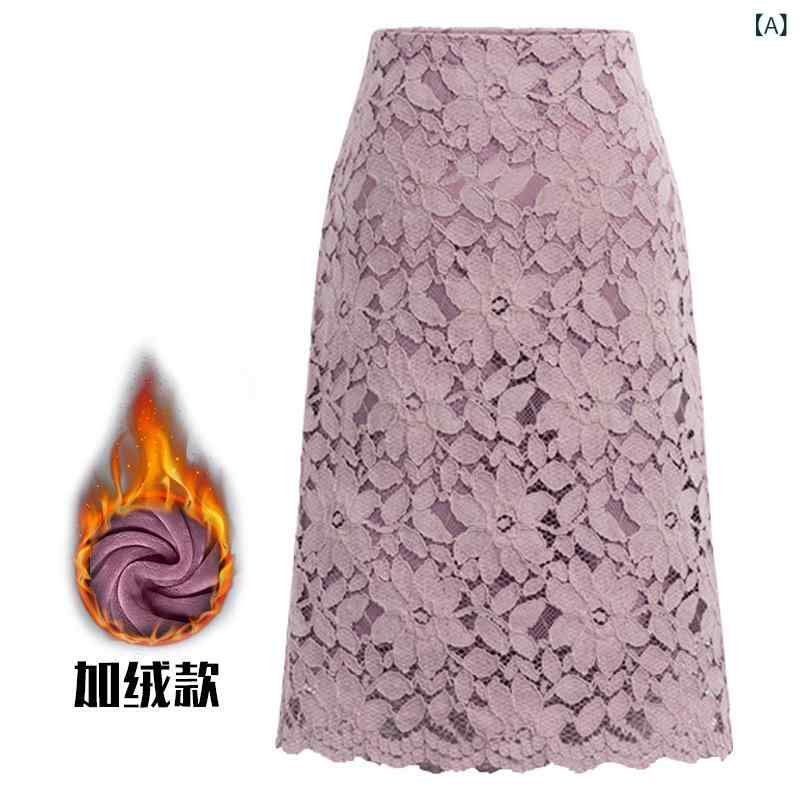 スカート レディース Aライン ミドル丈 タイトスカート レース 花柄 冬 厚手 スリム エレガント 通勤 ..