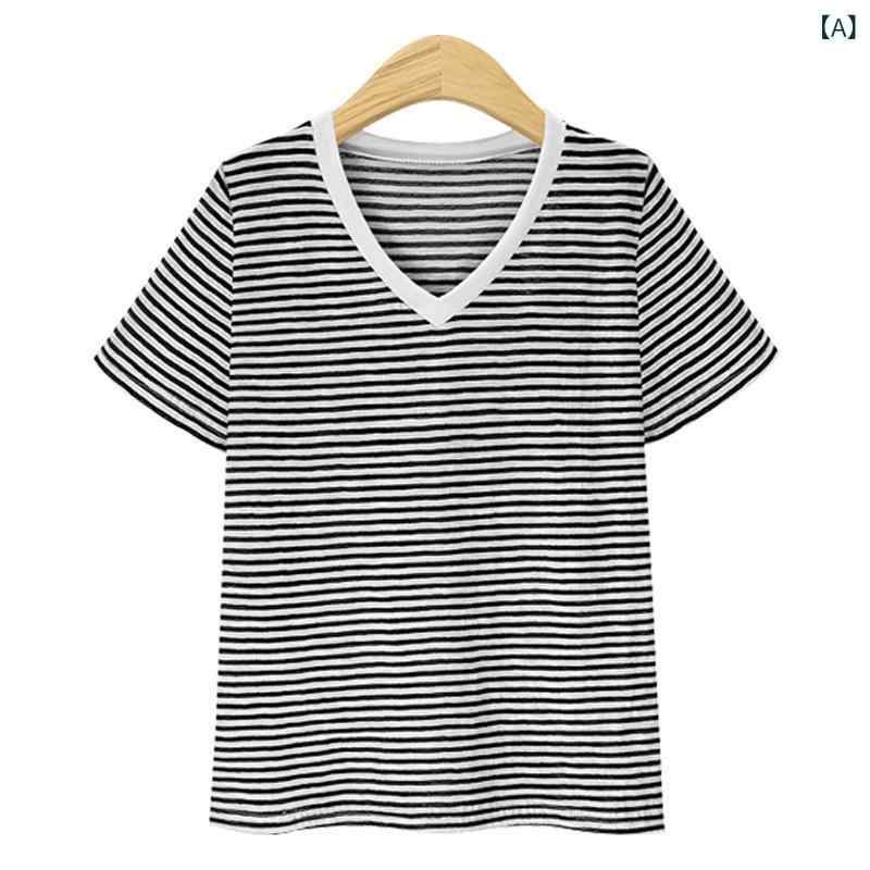 Tシャツ レディース 半袖 Vネック ゆったり ストライプ インナー 夏 トップス コットン混紡 ストレッチ..