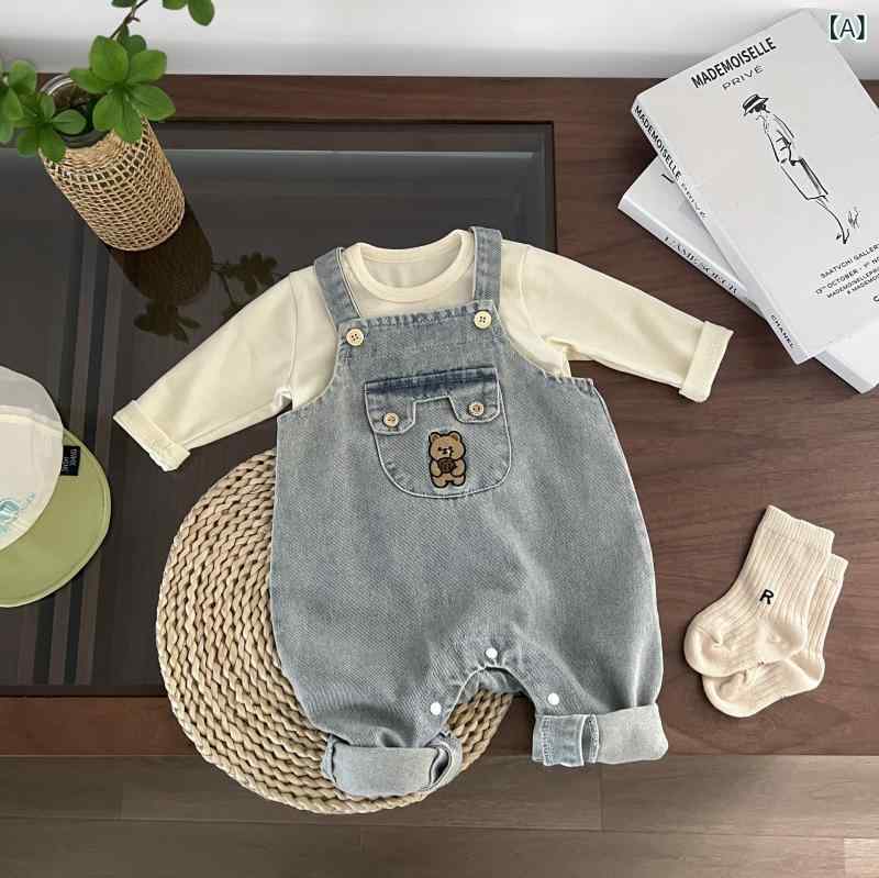 ベビー 男の子 秋 デニム サスペンダー 長袖 トップス 長パンツ セット クマ柄 かわいい カジュアル 綿..