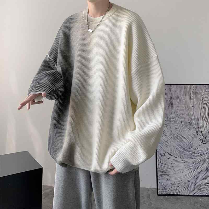 ニットセーター メンズ 秋冬 ゆったり グラデーションカラー 丸首 長袖 プルオーバー 厚手 カジュアル ラフスタイル トップス ポリエステル ユース ポップ 普段使い 水洗加工 黄 黒 青