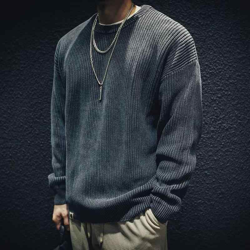 ニットセーター メンズ 秋冬 ゆったり レトロ 大きめ クルーネック 厚手 長袖 コットン混紡 ポリエステル 深灰 カジュアル 普段使い 洗濯機可 ノンアイロン トレンド ポップ ルーズフィット 青少年向け