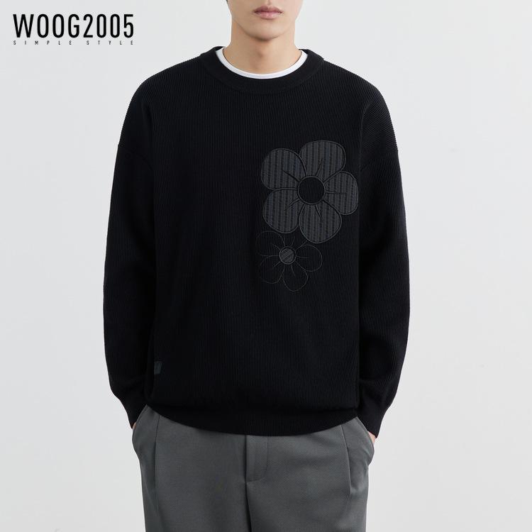 ニットセーター メンズ 黒 白 丸首 長袖 ルーズ 刺繍 透気 ノンアイロン 秋冬 カジュアル トップス シンプル 青年向け 混紡素材
