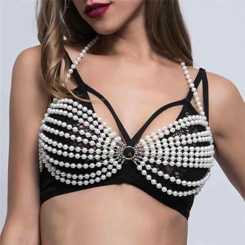 チューブトップ レディース パールチェーン ボディチェーン ハルタップ 小さい背心 白 夏 セクシー ルーズフィット 超短丈 フリンジ 装飾 ジオメトリック パターン 取り外し肩紐 ストリートスタイル 欧米風 ポリエステル素材 ノーストレッチ(4)