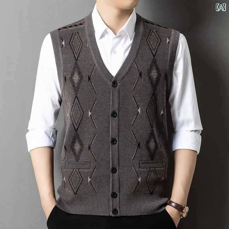 ベスト メンズ 50代 大人 開襟 保温 チェック柄 秋冬 カジュアル 高級感 普段使い スリムフィット 中厚 ノースリーブ ノーカラー シングルブレスト キャメル ダークグレー ワインレッド