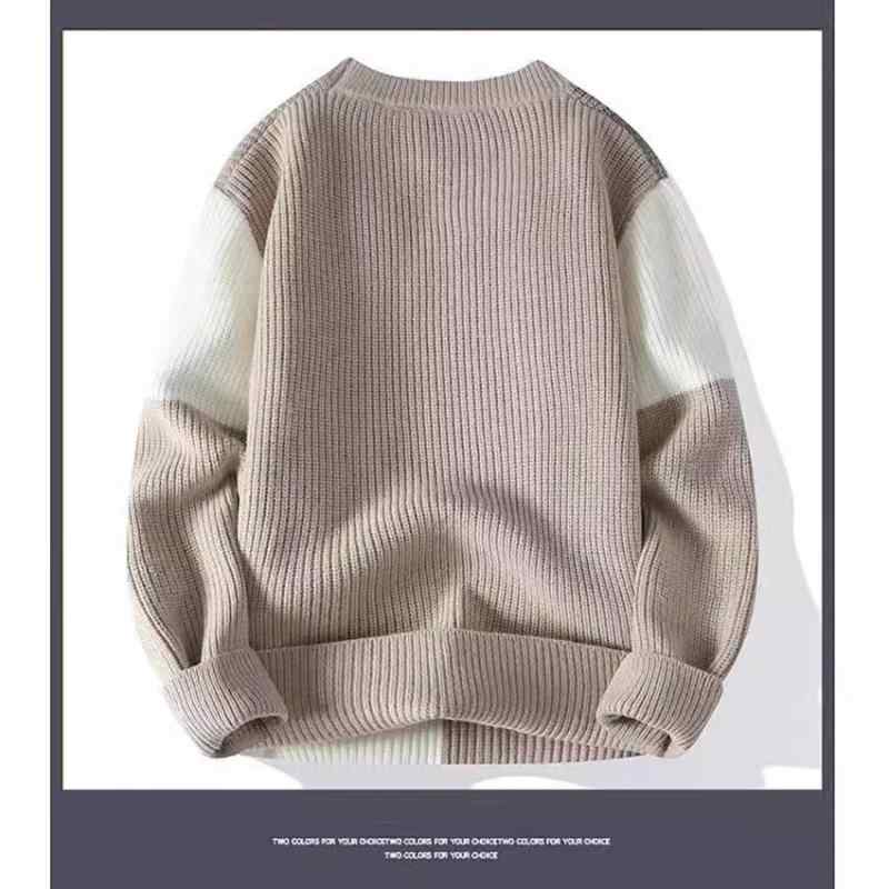 ニットセーター メンズ 冬 暖か ゆったり ルーズ 切り替え コントラストカラー 長袖 クルーネック カジ..