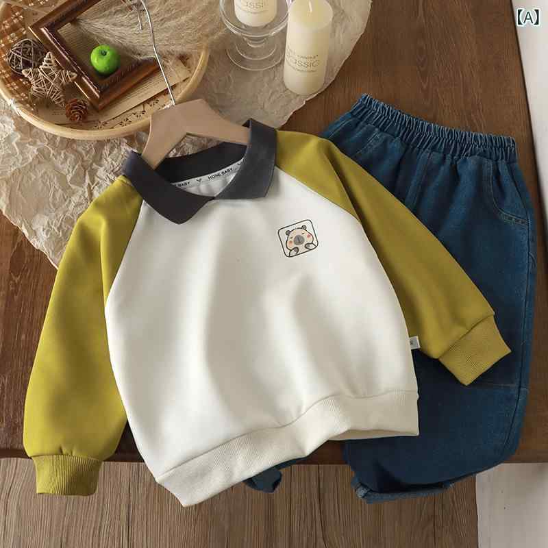 スウェット 子供 男の子 女の子 襟 プルオーバー カジュアル ツートン柄 長袖 カートゥーン調パターン ..