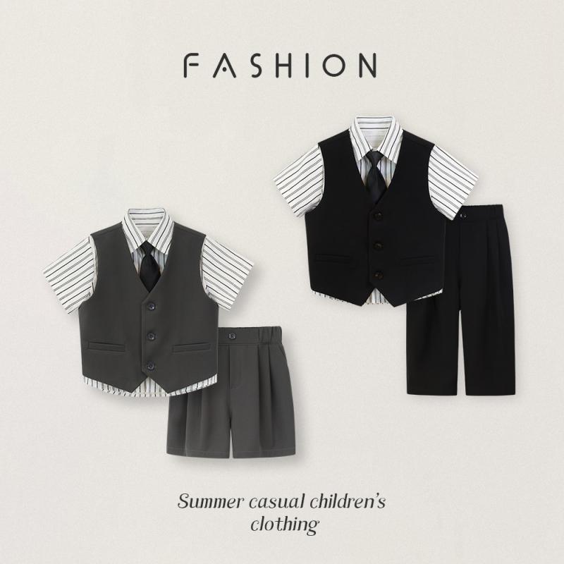 スーツ 男の子 春夏 カジュアル ベスト セット 純色 ポリエステル繊維 黒 グレー ピンク ワイドパンツ ..