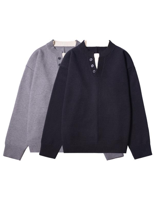 ニットセーター メンズ フェイクツーピース ラウンドネック ルーズフィット 落ち肩袖 ダブルレイヤーカ..