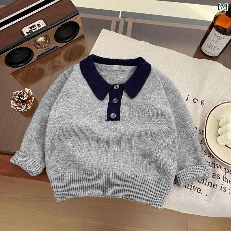 ニット セーター 男の子 ベビー 長袖 ポロカラー コントラストカラー 春秋 グレー ネイビー ベージュ ..