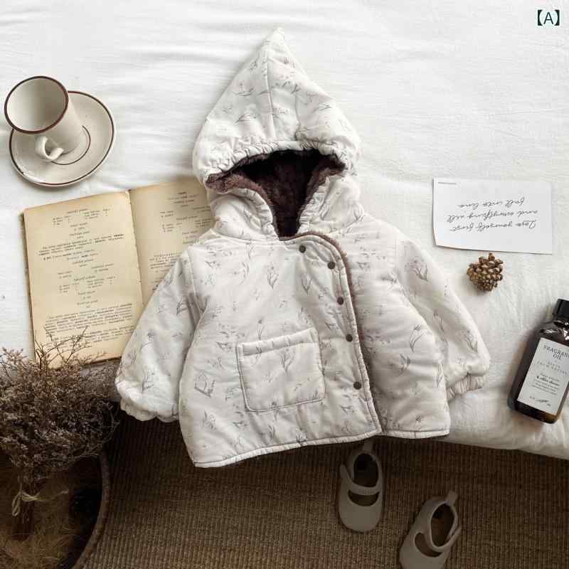 ベビーコート 女の子 冬用 フード 花柄 綿 厚手 暖かい 柔らかい かわいい 丸首 ボタン留め 普段使い 1歳から3歳向け
