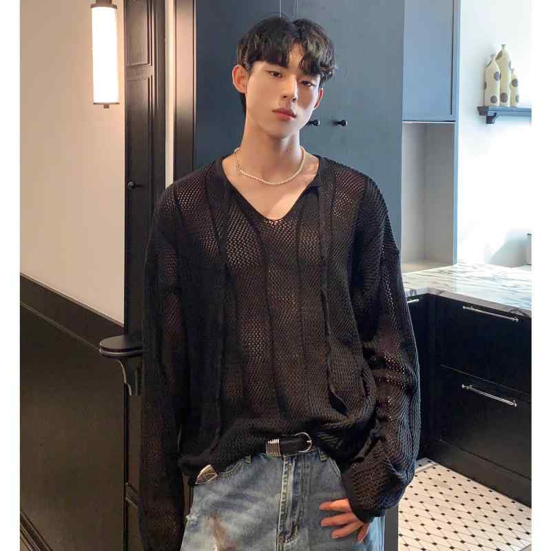ニットセーター メンズ Vネック 長袖 ルーズフィット 網目レース ポリエステル 通気性 伸縮性 洗濯機可 色落ちしにくい 白 黒 春秋 カジュアル 普段使い