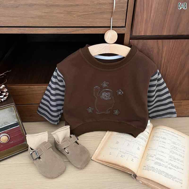 Tシャツ 男の子 ベビー 長袖 春秋 綿 素材 柔軟 加工 ラウンドネック 保温 機能 ストライプ 柄 動物 プ..