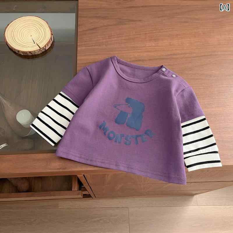 Tシャツ 男の子 ベビー 春秋 レイヤード コントラスト ストライプ 長袖 インナー トップス 綿 柔らかい..