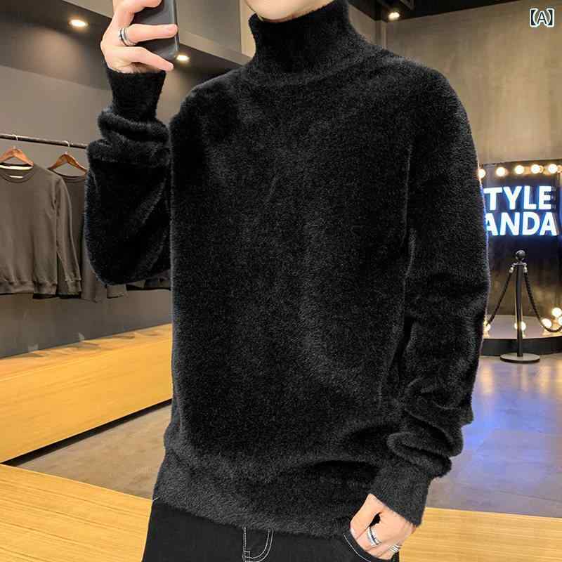 ニット メンズ 秋冬 厚手 長袖 ハイネック 暖か インナー 韓国 トレンド 高弾性 ナイロン スリム カジュアル 普段使い 黒 ベージュ グリーン