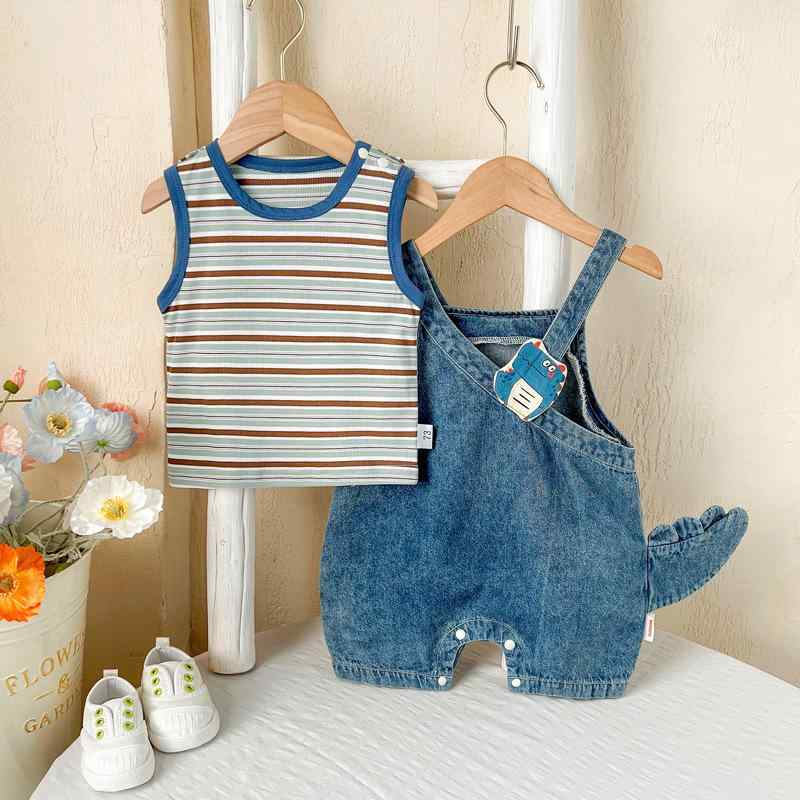 ベビー服 男の子 女の子 夏 デニム セット 恐竜 柄 ストライプ パターン ノースリーブ トップス 5分丈 ..