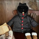 ベビーコート 女の子 冬 厚手 フード 韓国 トレンディ ナイロン生地 コットン内張り 柔らかい素材 丸首 大きめボタン 単排ボタン 純色 黒 赤 保温 普段使...