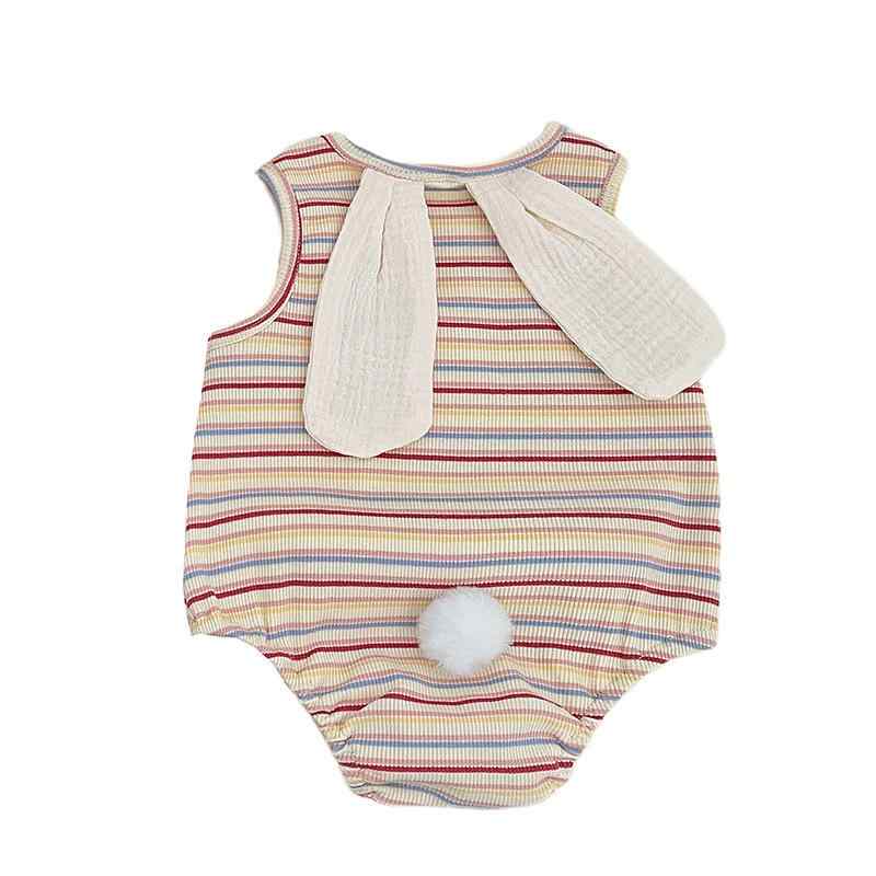 ベビー ロンパース 女の子 夏 かわいい うさ耳 ストライプ パターン 綿 無袖 クローラー 赤 ベージュ ..
