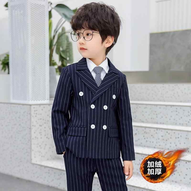 キッズスーツ 男の子 礼服 セット 長袖 ストライプ ポリエステル混紡 柔軟素材 酵素洗い 普通厚 ダブル..
